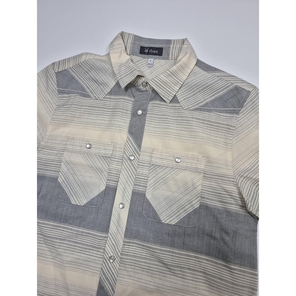 Ibex Shirt Men's Small Gray Wool Stripe Short Sleeve Pearl Snap Button Up Casual